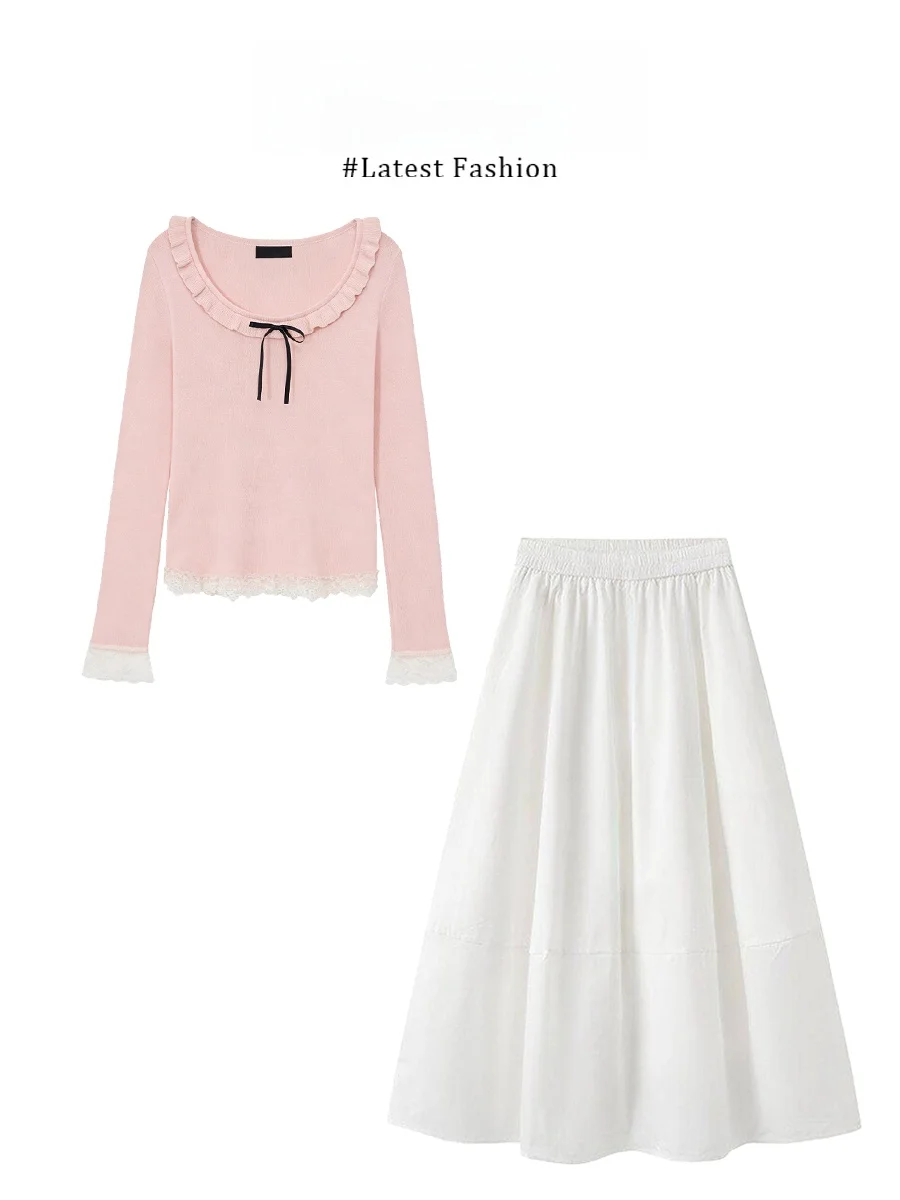 

Корейский стиль: модный комплект из вязаной юбки с завязками и топа с длинными рукавами, универсальный, уникальный, красивый, для весеннего повседневного образа