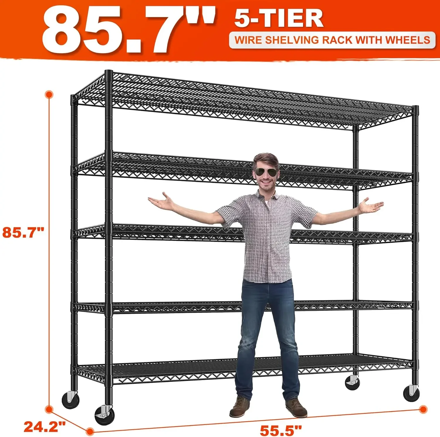 Estantes de almacenamiento de 85,7 pulgadas de alto, 3200 libras, estantería de alambre de 5 niveles con ruedas, estantería resistente de 55,5 pulgadas de ancho, estante de Metal ajustable