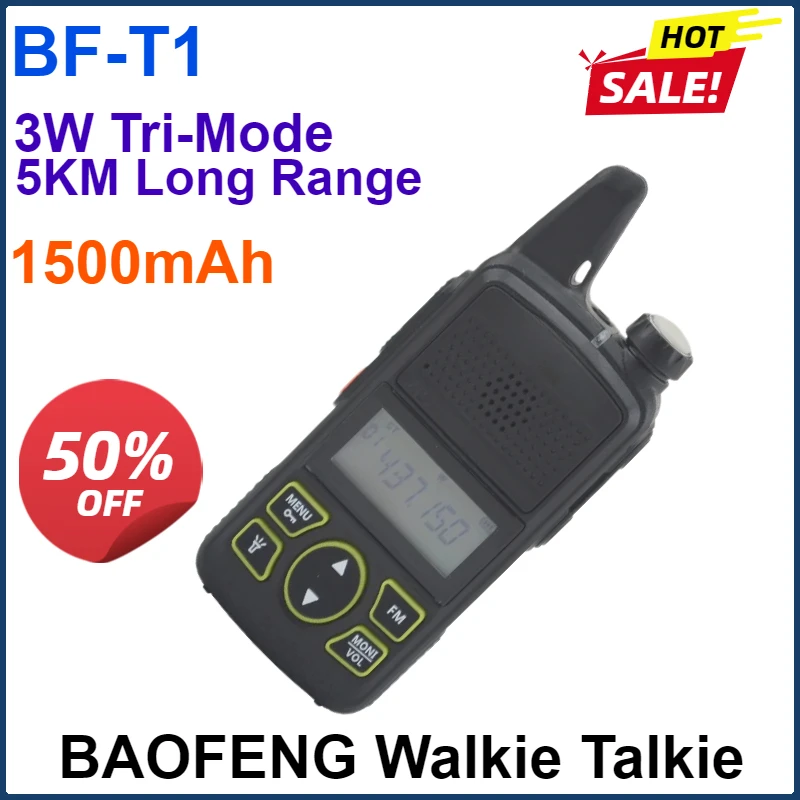 

1500mAh 5W bf-t1 UHF walkie talkie 400-470MHz 20CH 1W Mini pocket radio baofeng t1 Ham FM radio with Earpiece,programming Cable