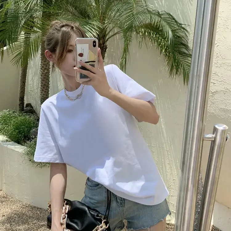 

Женская футболка на плечо из чистого хлопка с короткими рукавами, свободный и универсальный однотонный белый топ, новая корейская версия, весна и лето