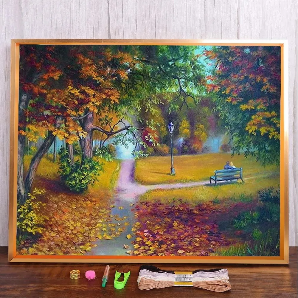 

Autumn Landscape Pattern Cross Stitch Kits 11/14CT Full Printed Fabric Canvas DIY Embroidery Sewing Set Wall Art Home Decoration