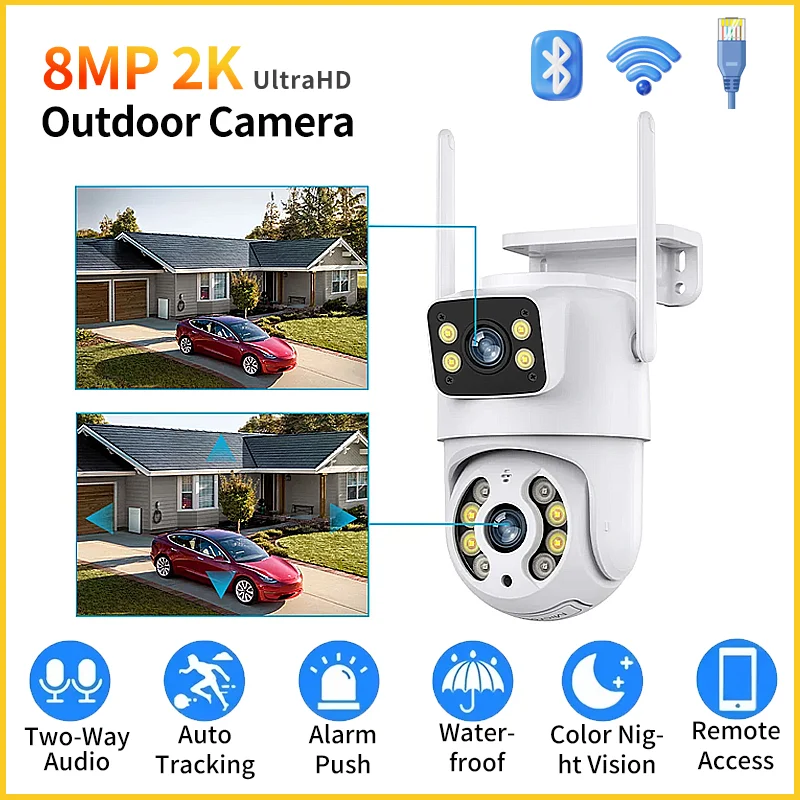 

8-мегапиксельная 4K Wi-Fi IP-камера PTZ с двумя объективами и двойным экраном, ручное обнаружение, полноцветная камера ночного видения, наружная камера наблюдения