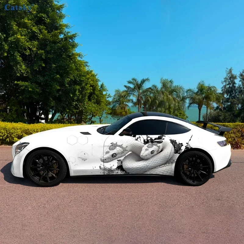 2pcs.Cool Car Wrap Sticker of Cool Yin-Yang Black and White Crown Snake Suitable for Any Car Model (Decorative & Scratch-