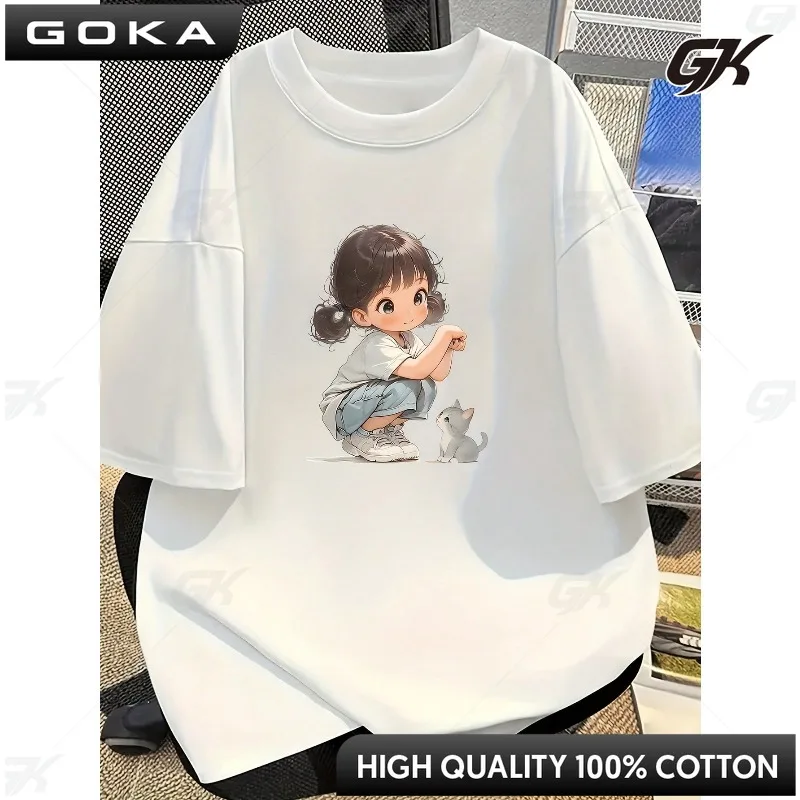 

Women's Patterned T-shirt White Short Sleeved Shirt, Cute Anime Design Round Neck Casual Summer Top Cotton Loose Top ropa mujer