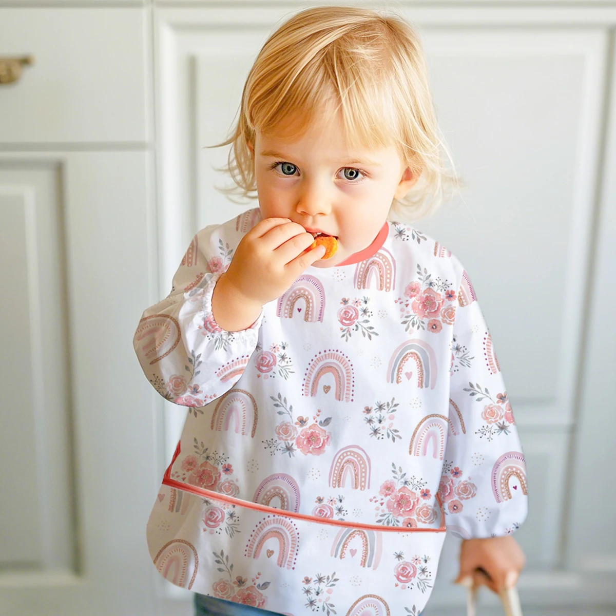 1pc Long Sleeve Baby Bib 100%Ployester Mess Proof,Baby Toddler Waterproof Sleeved Bib with Pocket,Eating Smock Bib