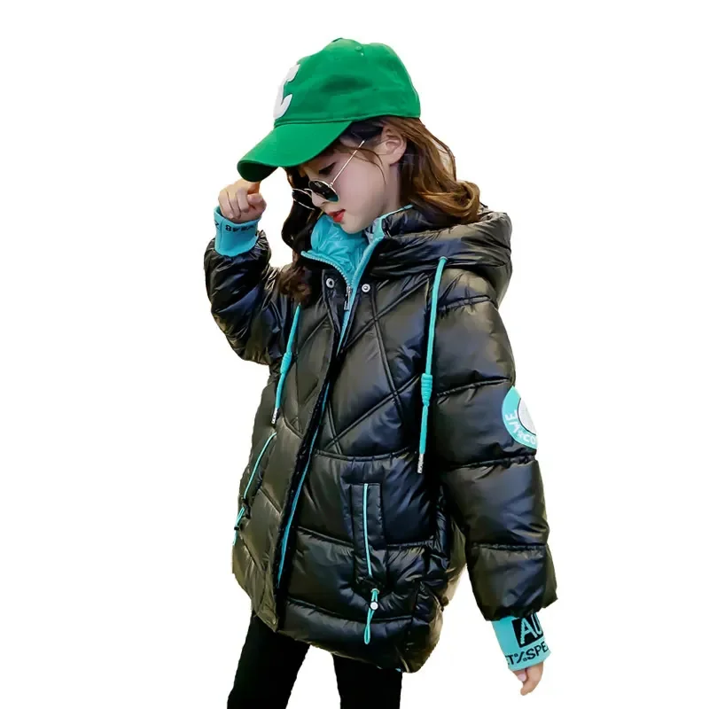 Girls Clothes Fashion Down Cotton Jacket Winter Thick Warm Letter Print Coat Children's Clothing Med-length Hooded Tops 4-14 Yrs image 2