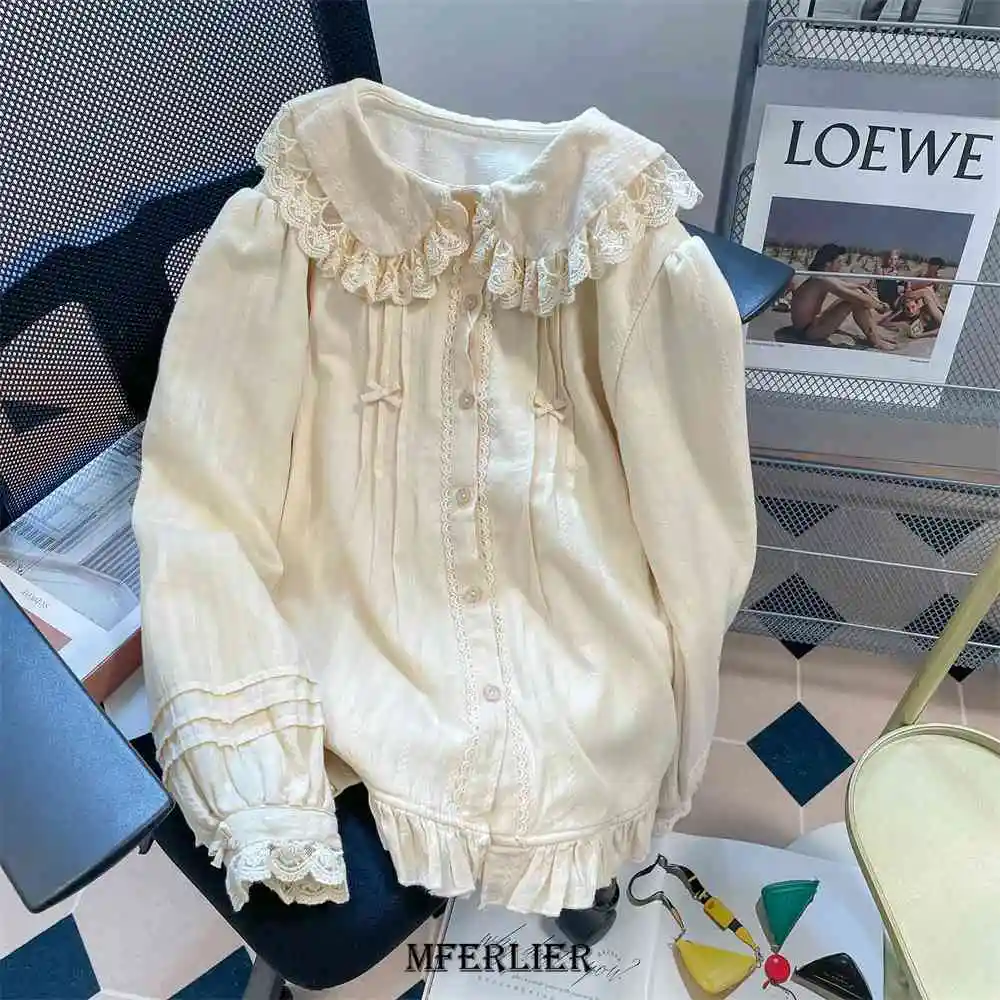 

Plus Size 6XL 150KG Spring Beige Shirt Lace Collar Large Women Top Women Long sleeve Embroidery Shirt Big Women Top