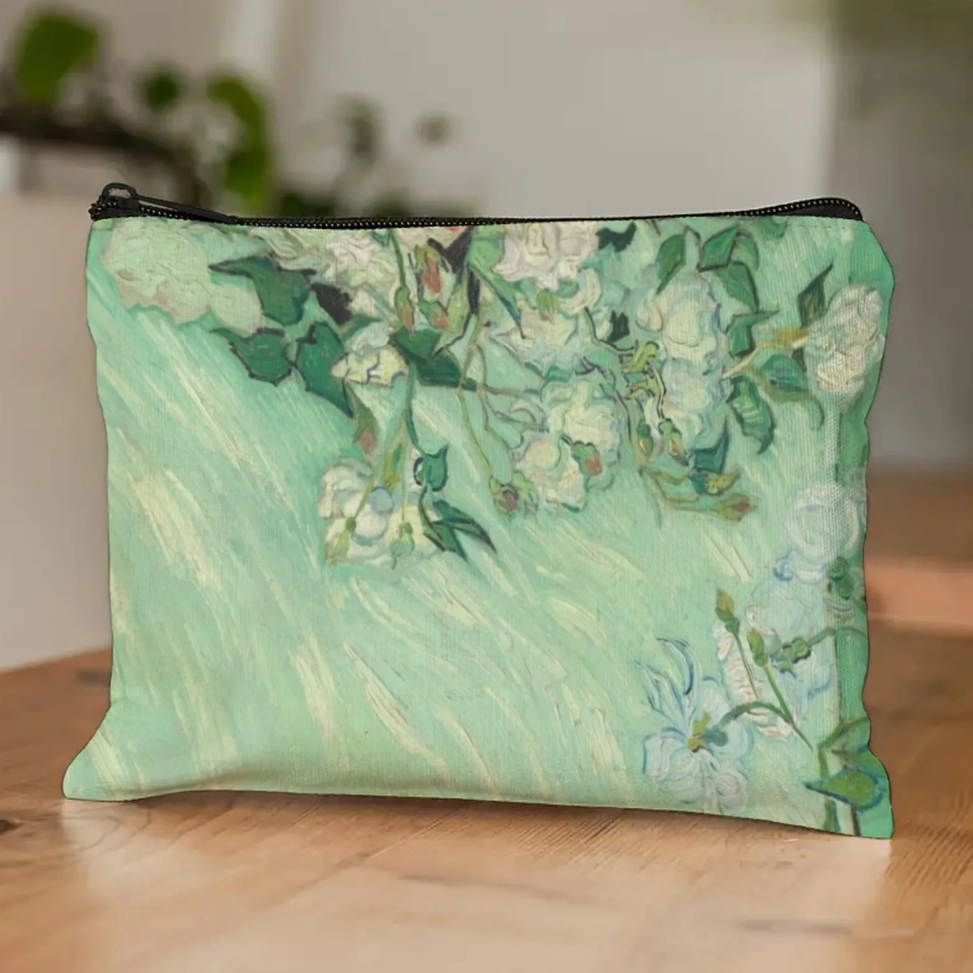 Van Gogh - Style Green Floral Canvas Makeup Bag with Zipper, Artistic Vintage Cosmetic Organizer for Women Travel & Daily Use