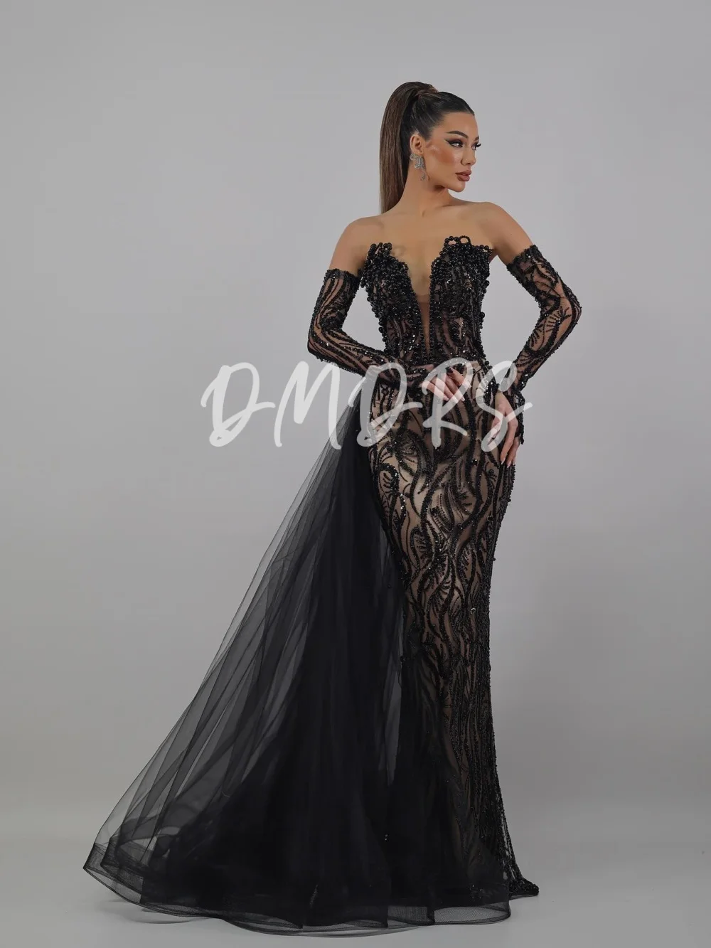 

Elegant V-neck Evening Dress Charming Sleeveless Beaded Gown Romantic Detachable Skirt Floor Length Party Dresses فساتين سهرة