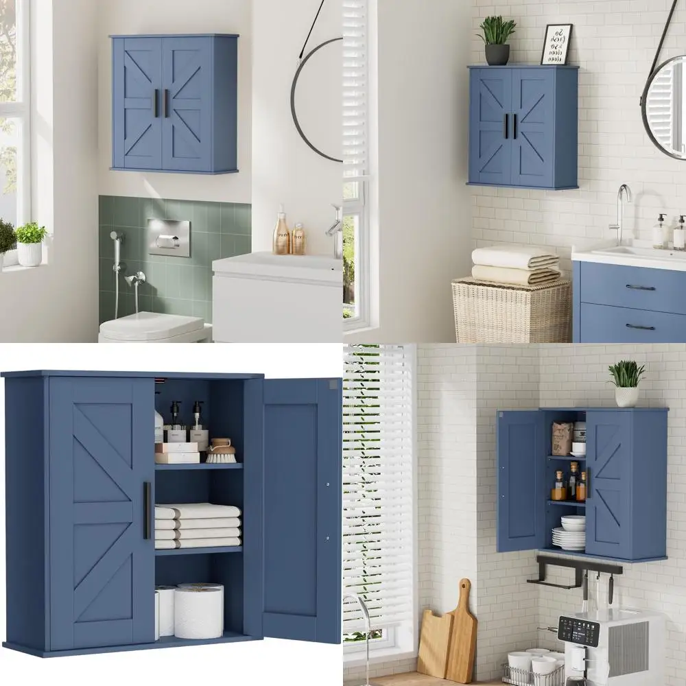 Armoire de rangement murale bleue à 3 niveaux avec portes de grange pour salle de bain, cuisine et linge