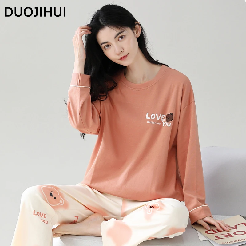 DUOJIHUI Orange Chic Printed Loose Pajamas for Women Autumn New with Chest Pad Top Simple Fashion Pant Basic Female Pajamas Set