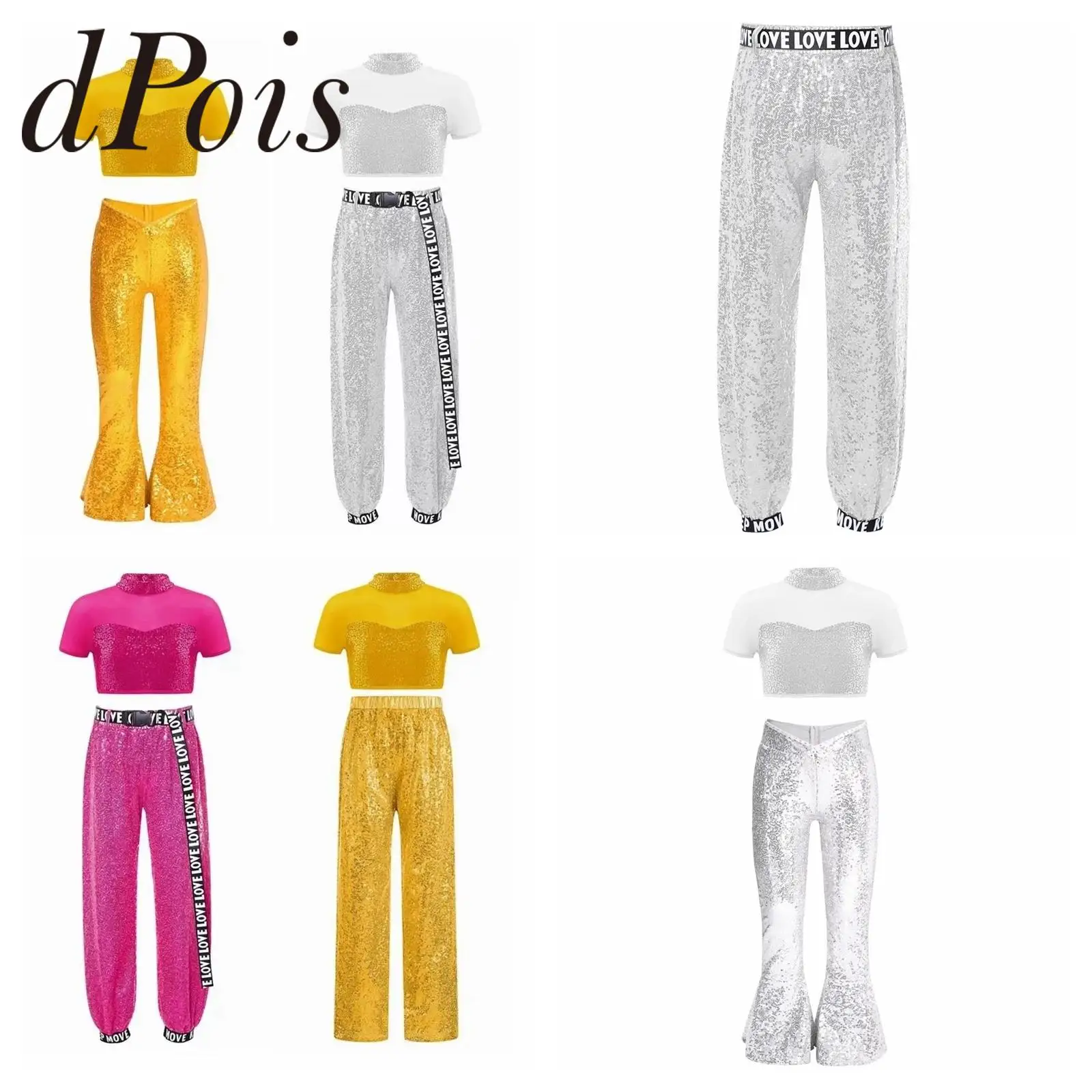 

Kids Girls Hip Hop Jazz Dance Stage Costumes Outfit Shiny Sequins Performance Clothing Show Costume Streetwear Girls Outfits