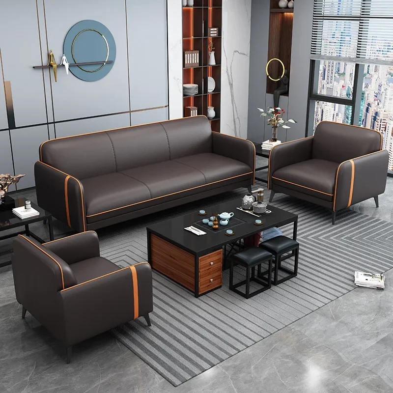 Reception Room Sofa, Business Office Leather Sofa, Coffee Table Combination Set, Simple Modern Office Furniture