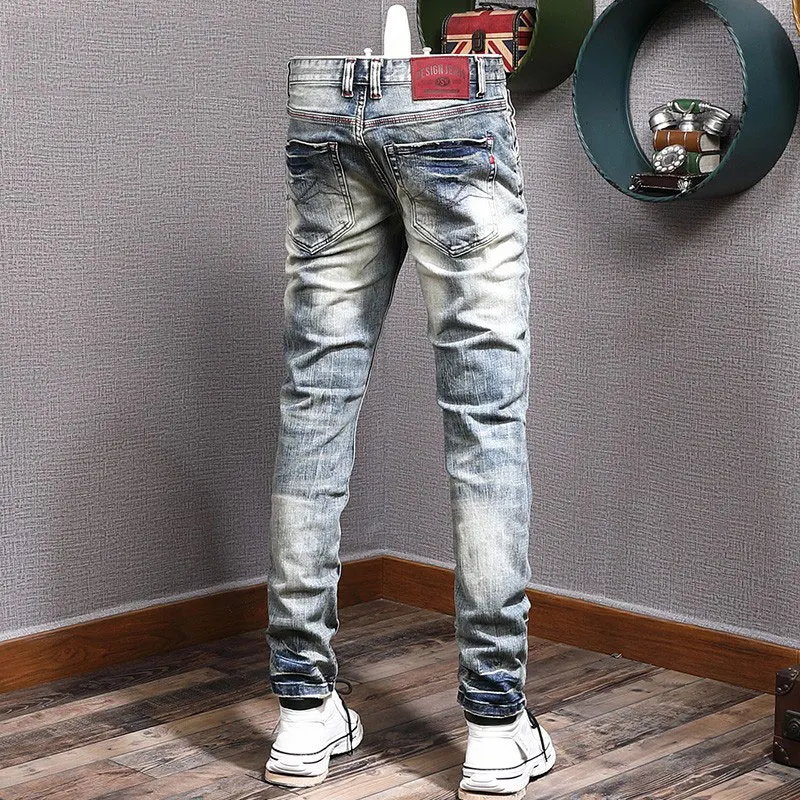 Italian Style Fashion Men Jeans Retro Washed Blue Elastic Slim Fit Ripped Jeans Men Vintage Trousers Designer Denim Pants Hombre