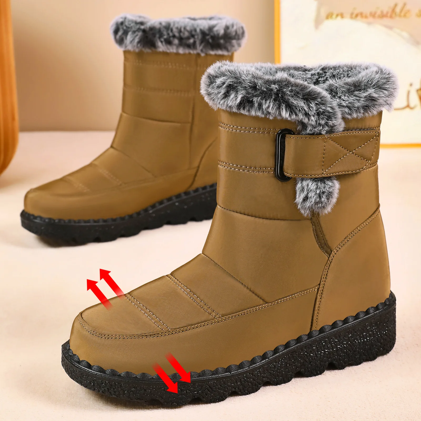 Damen-Schneestiefel bis zur Mitte der Wade, warm, mit Plüschfleece gefüttert, mit Klettverschluss, Pompon-Dekor, rutschfeste dicke Sohle, Winter-Freizeitschuhe für kaltes Wetter. – Detail 1