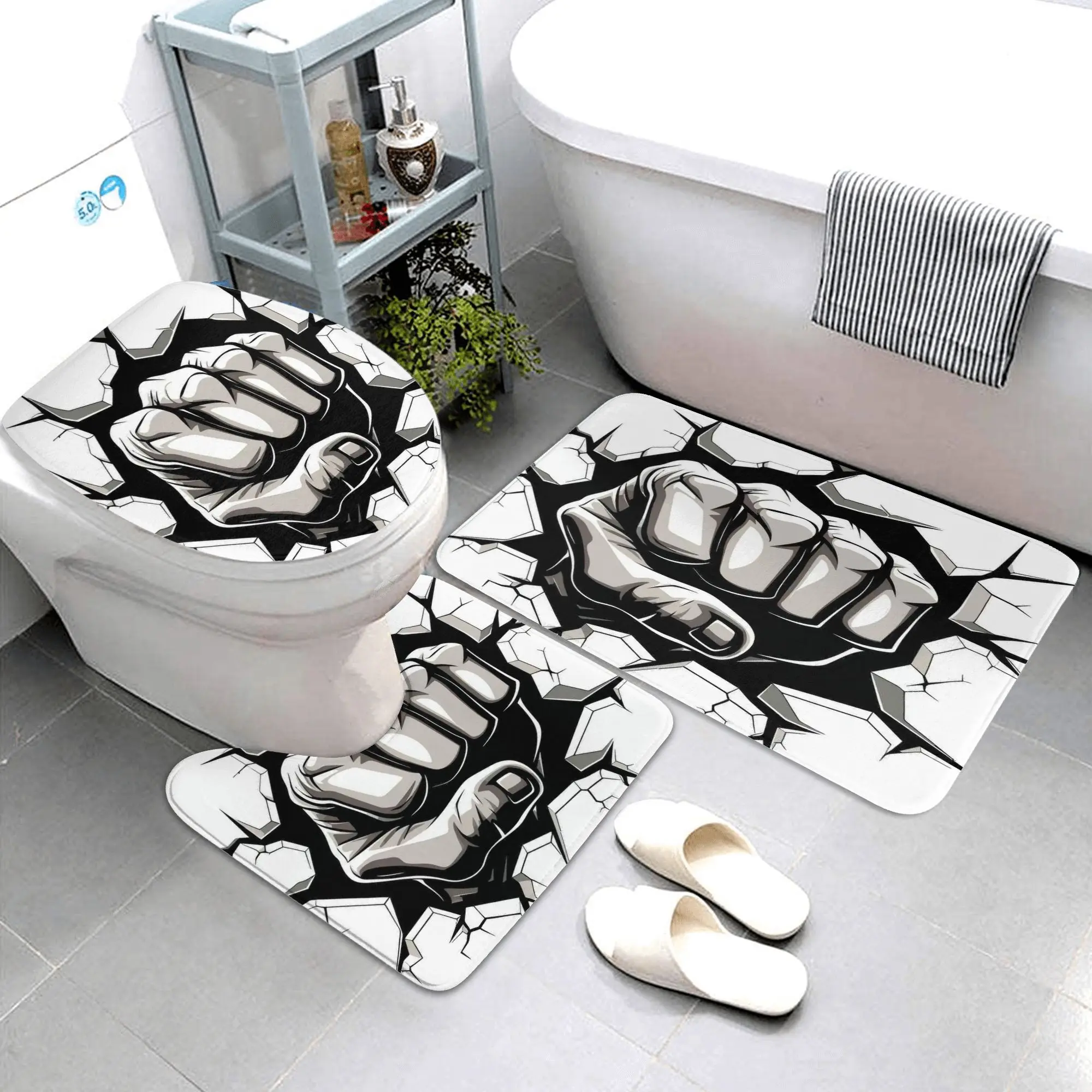 

3pcs bathroom rugs with a clenched fist print design, made of high-quality flannel material, soft and comfortable, washable, sui