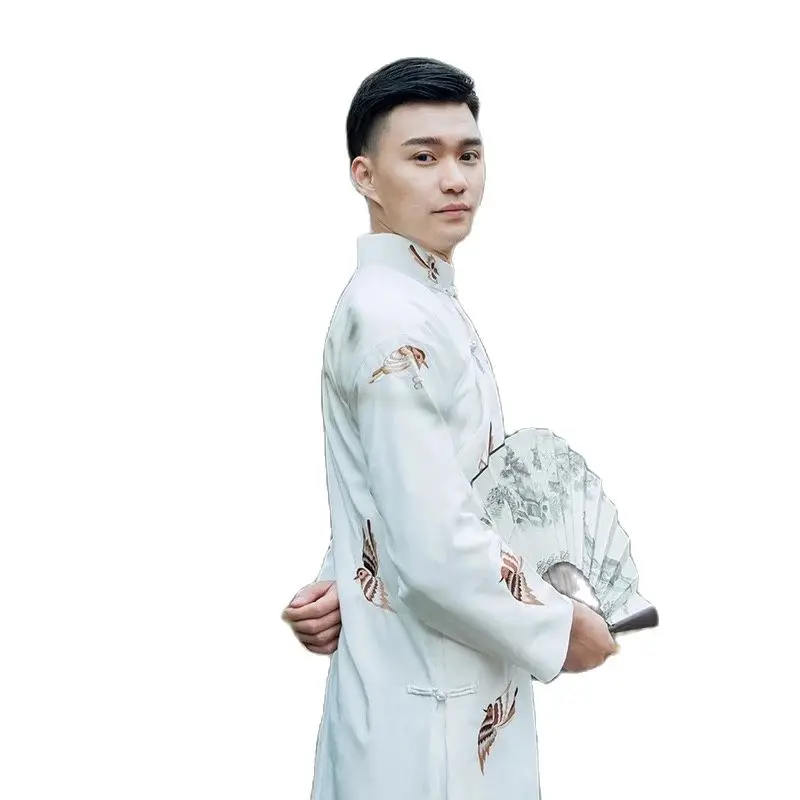 Traje antigo Chinês Tradicional Tang Terno Masculino Cheongsam Stand Collar Homens Longo Robe Algodão Linho Bordado Vestido