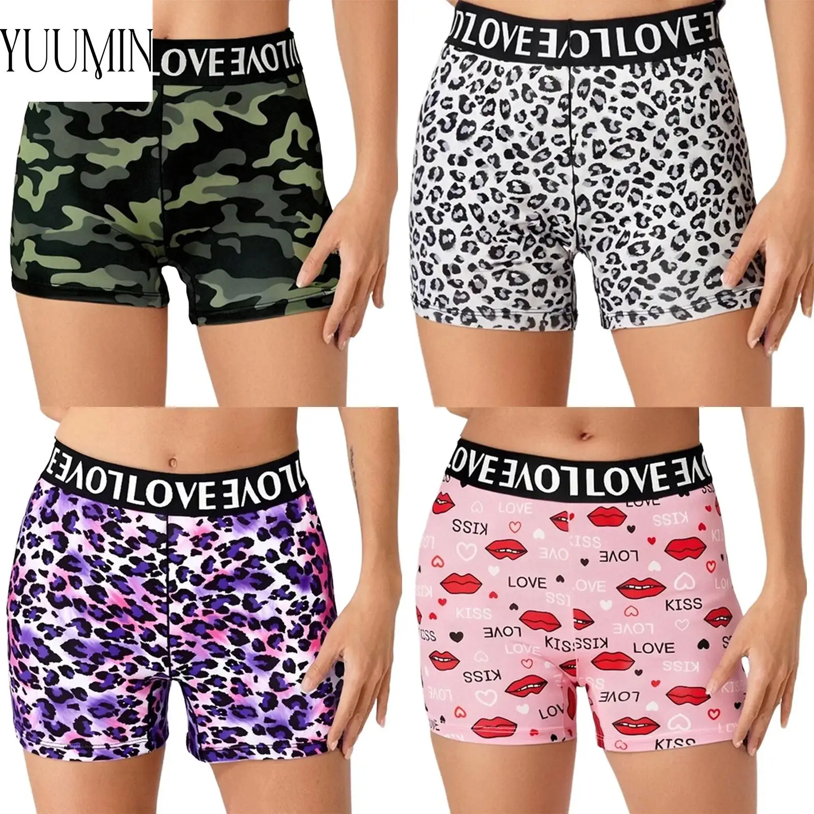 

Stylish Women Camouflage Pattern Shorts Letter Printed Elastic Waistband Girls Panties Underwear Casual Daily Wear Sportswear