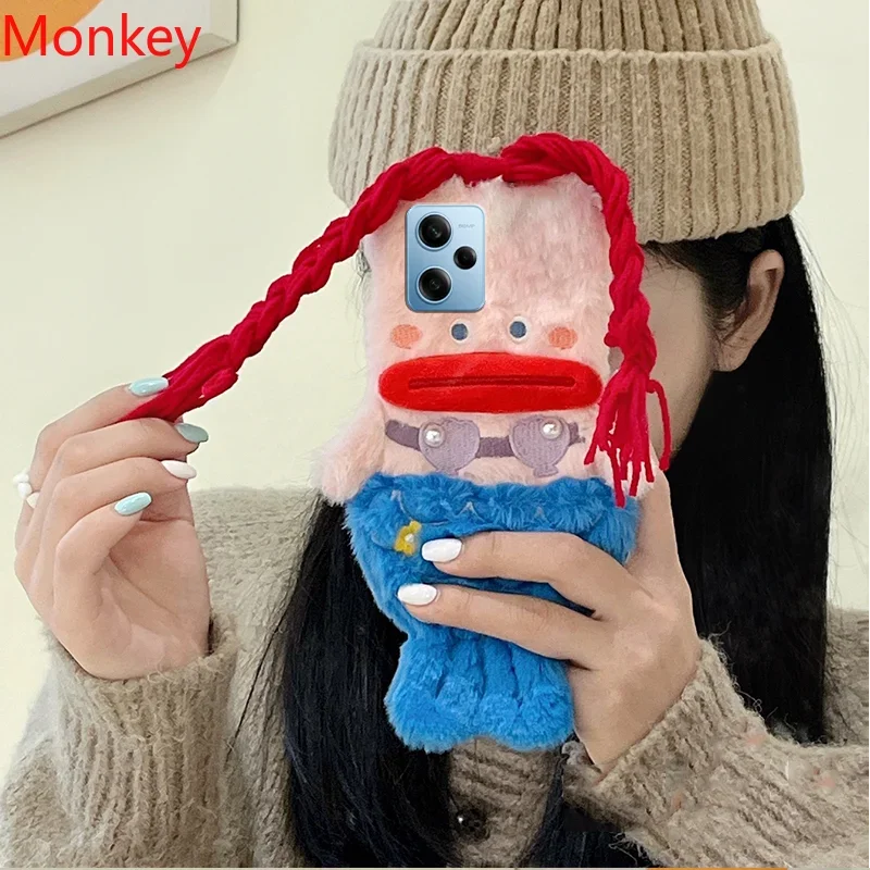 3D Cute Plush Mermaid Girls Gift Phone Case For Xiaomi 13T Redmi Note 12S 13 12 Pro 13C A3 Mi 14 X6 M6 Winter Fluffy Hair Cover