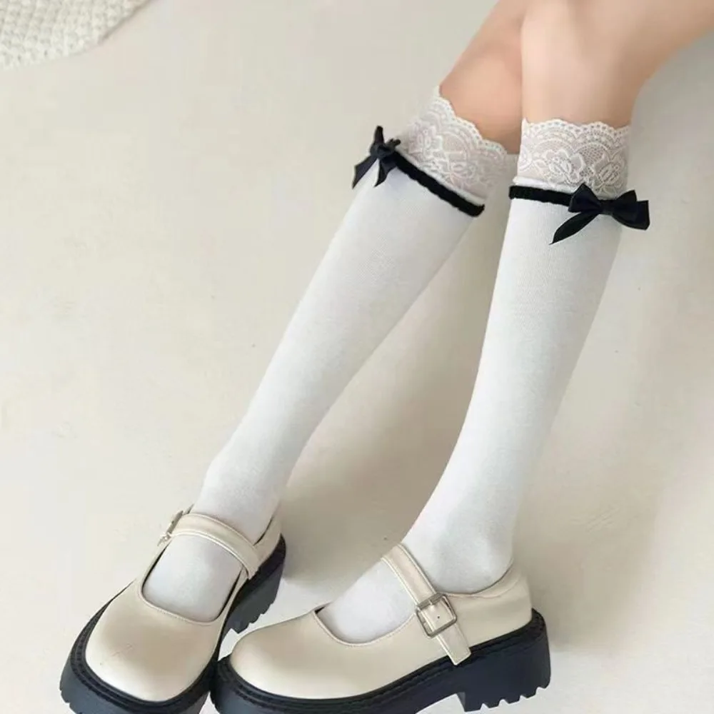 

Sweet Bow White Lace JK Socks Lolita Dot Yarn Bow Lolita Socks Anti Slip Long Bow Socks Spring