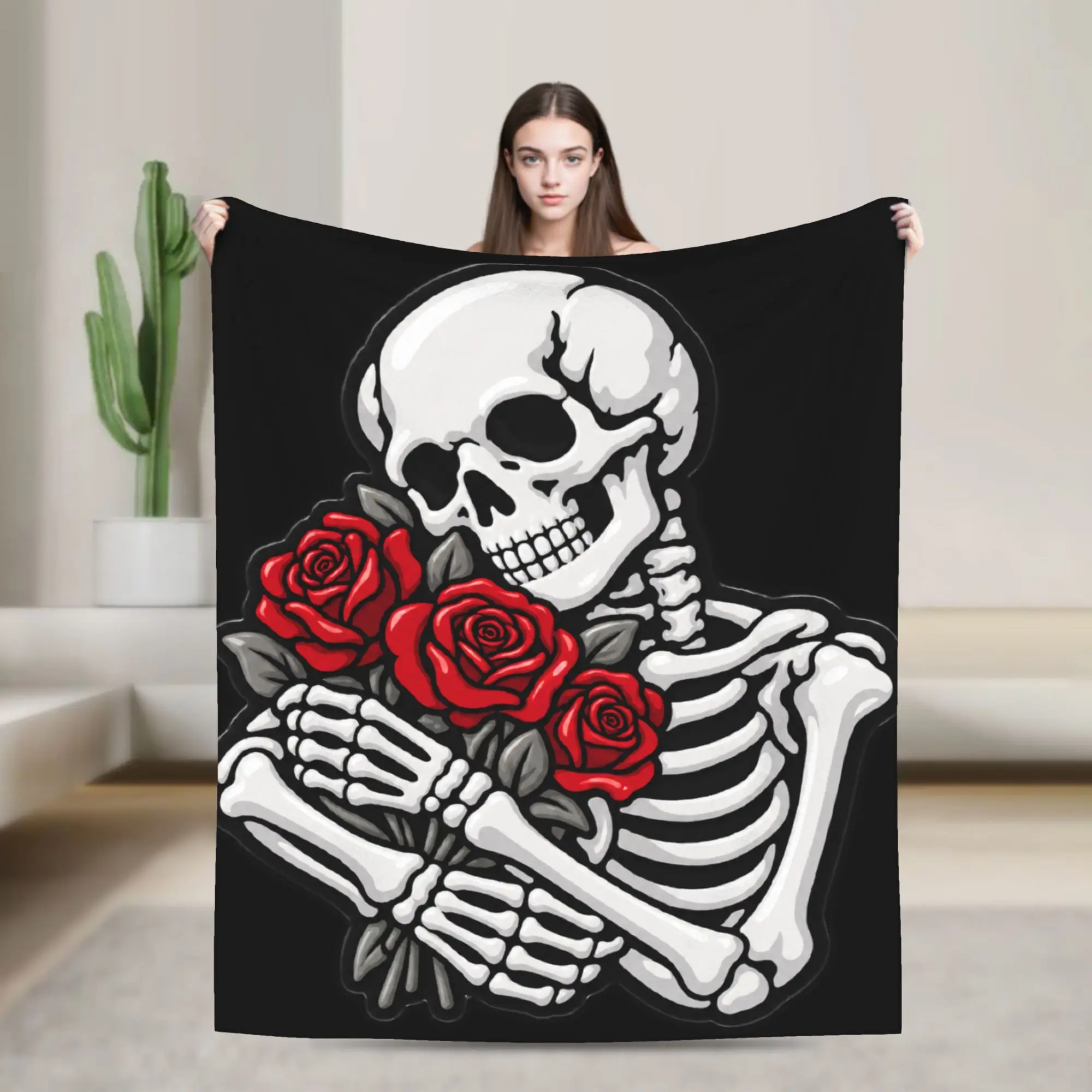 Halloween Theme Skeleton Hug Red Roses Plush Blanket Girls Flannel Throw Blanket For Couch Chair Sofa Bed Soft Warm Bedspread
