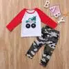 Boy Fall Outfit Cartoon Car Christmas Tree Tire Print Round Neck Long Sleeved Shirt and Camouflage Elastic Waisted Fit Pants Set