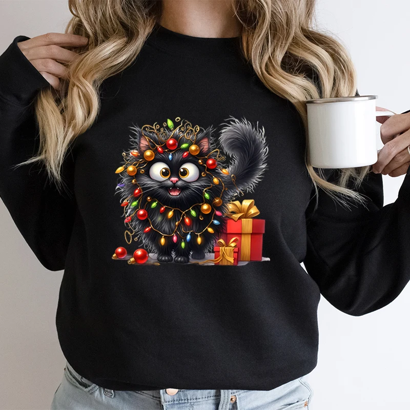 Cat Lover Gift for Christmas Women Sweatshirts Cute Fluffy Cats Lights Holiday Hoodies Cute Animal Lover Christmas Sweatshirts