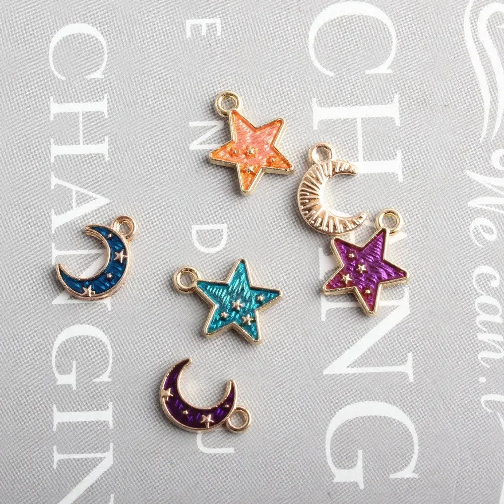 10pcs Stars and Moon Enamel Charms Purple Blue Orange Pendants DIY Astroplanet Earrings Necklace Jewelry Making Accessory