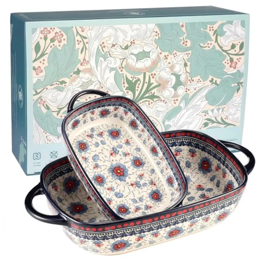 

Polish Pottery Style Ceramic Baking Dish Set 2-Piece Casserole Bakers for 2 3 People Floral Decorative Bakeware Oven Safe Lasag