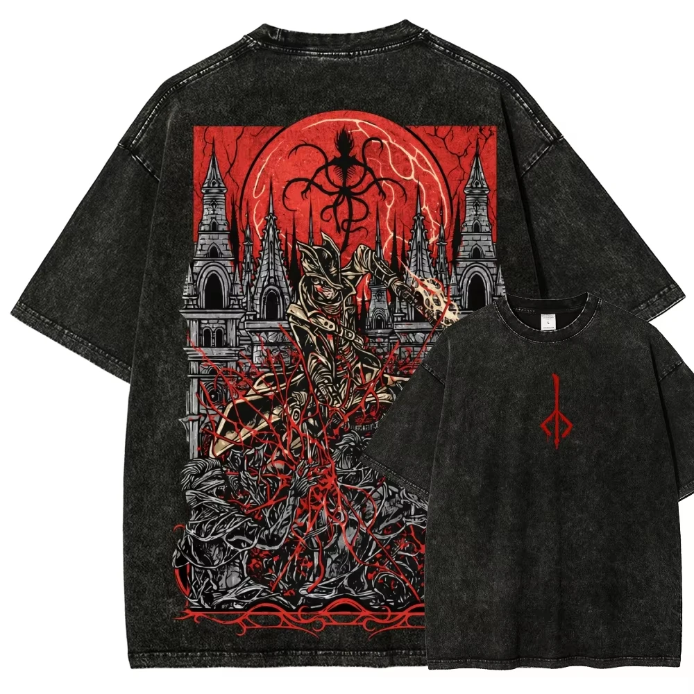 Bloodborne Washed T-shirt Unisex Plus Size Year Round Casual Personality Cotton Short Sleeve Streetwear Tops