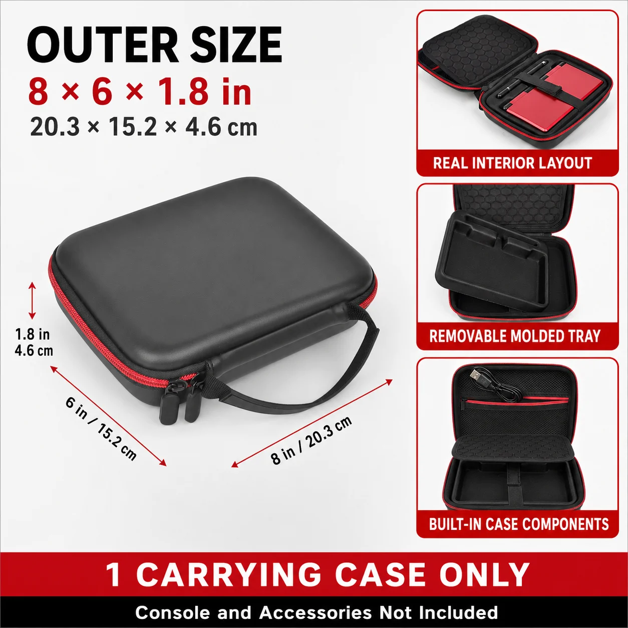 Hard Shell Carrying Case for Nintendo 3DS and Anbernic RG DS, PU EVA Travel Bag with Stylus Slot Mesh Pocket Black Red Case Only