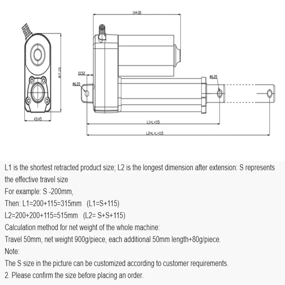 Robuster 2500N Linearantrieb 12/24 V DC, HA-A2, einstellbarer Hub 50–1000 mm, IP54 wasserdicht, mit zwei Halterungen und T2-Anschluss