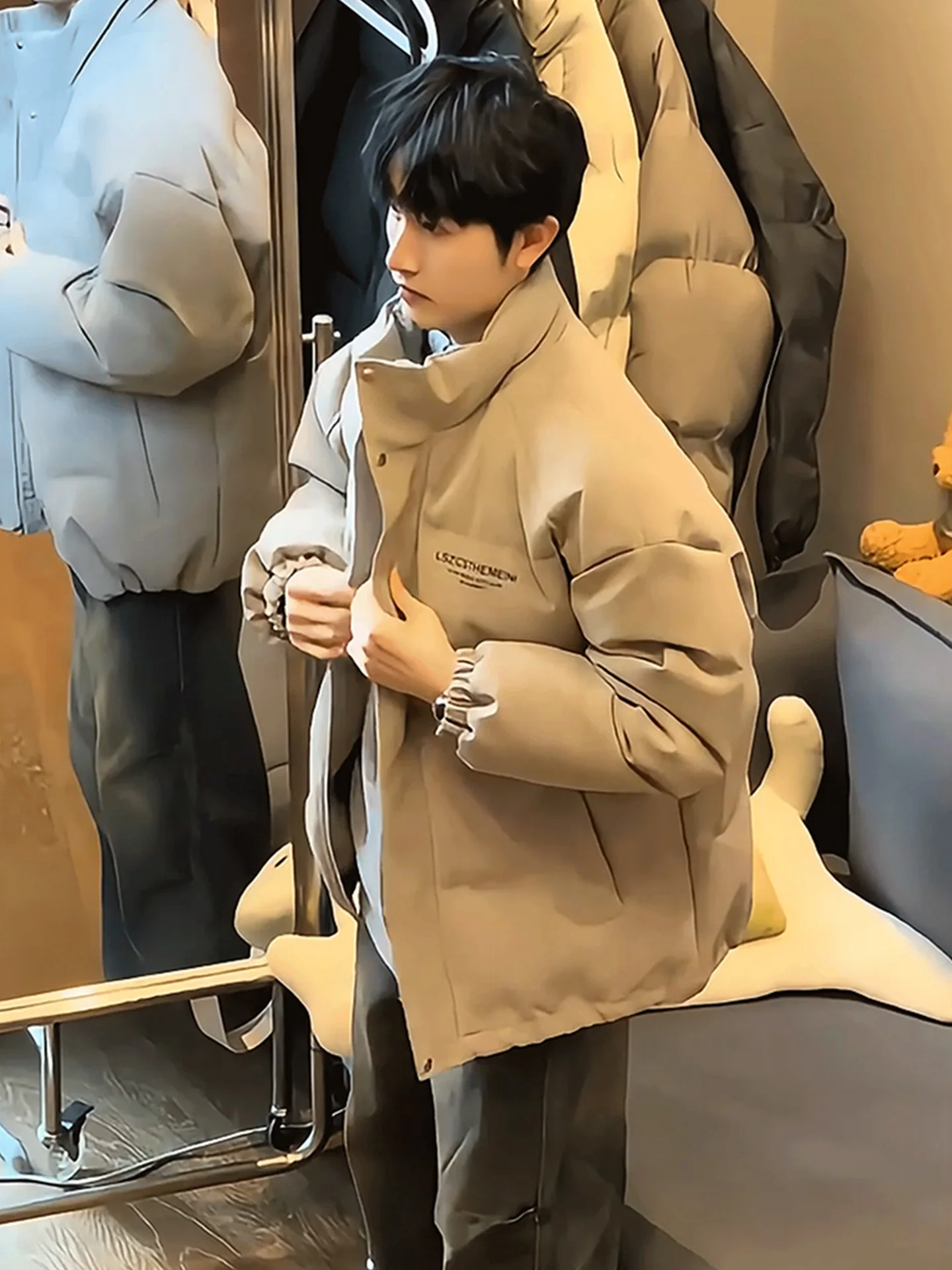 ay بو الجلود ماتي أسفل القطن Jaet الرجال الشتاء Thiened الراقية الخبز Sle الرجعية الوقوف طوق معطف مقاوم للماء #5