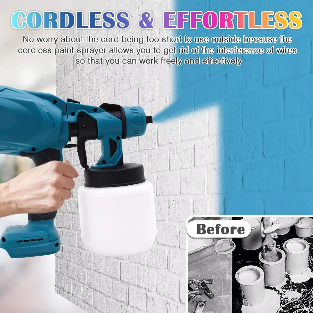 HVLP Paint Sprayer Cordless Electric 21V Airless 600W 800ML With 2x2000mAh Battery for Doors Fences Furniture Wall Cabinet Garden
