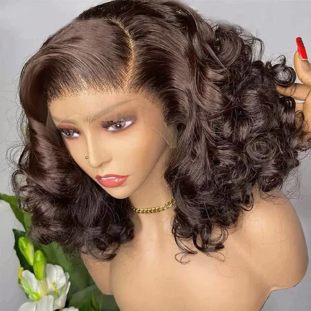 

Коричневый # 4 объемных волн Короткий парик Боб Человеческие волосы 13x4 Hd Парик фронта шнурка Свободная волна 12А Класс Virgin Кружевные фронтальные парики 230% Плотность