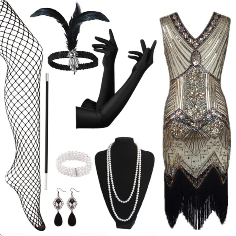 Abito da sera retrò con nappe con paillettes Dr Gateway Par con set di accessori 920s Hot S Costume tradizionale da donna Stage Co...
