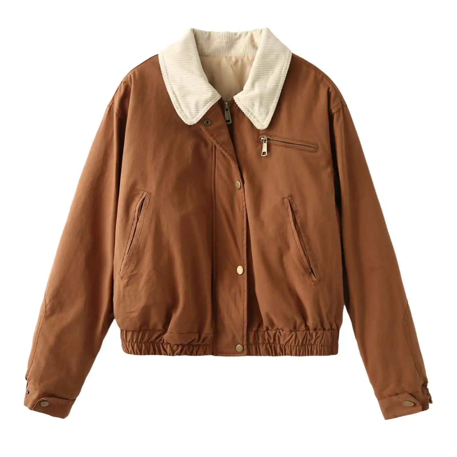 

Winter Warm Coat Lady Streetwear High Street Zipper Top Autumn Vintage Cotton-padded Jacket Solid Vintage Long Sleeves Outwear