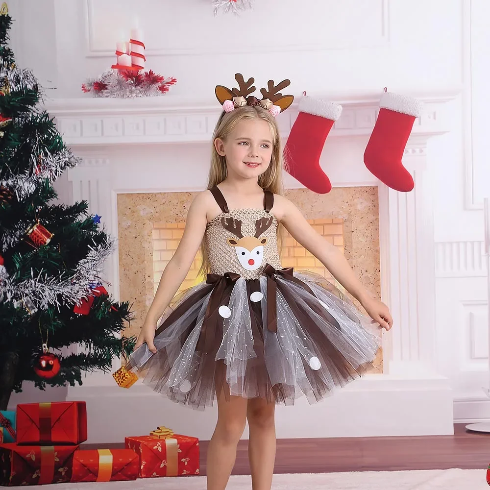 

Deer Tutu Dress Girl Christmas Dresses with Headband Kids Halloween Costume Baby Girl Princess Elk Reindeer Outfit for New Year