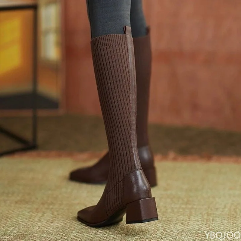 Socks boots elastic retro women's autumn winter thick heel mid heel knit simple comfortable temperament women's long boots view 5