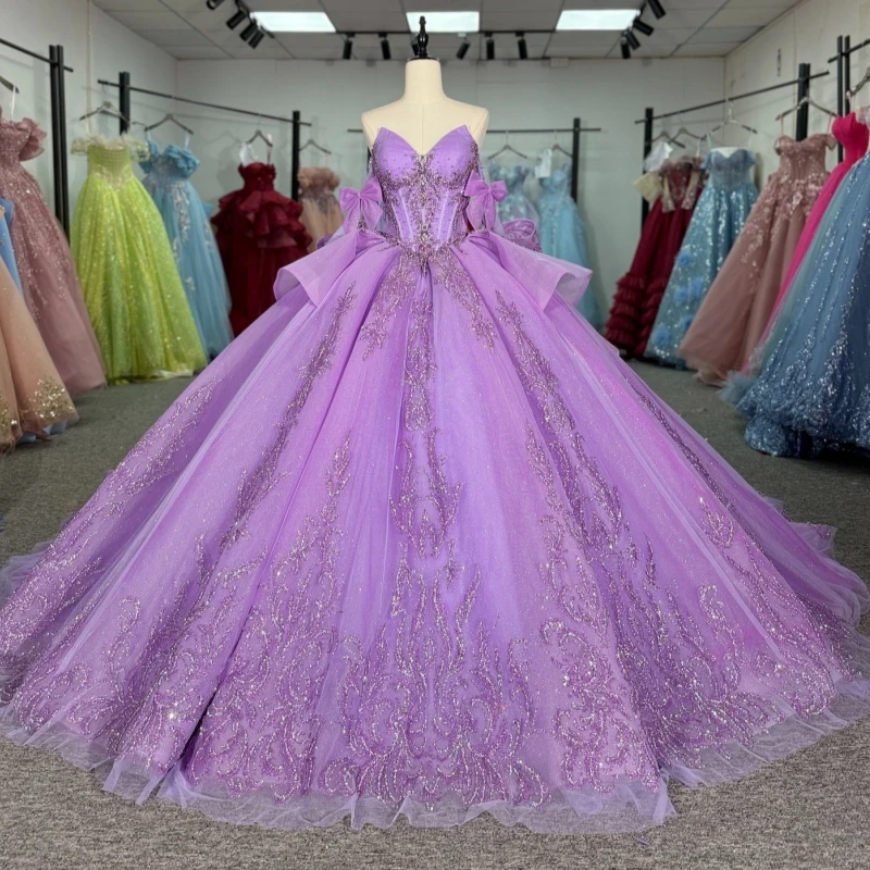 

Light Lilac Shiny Quinceanera Dresses Off The Shoulder Applique Beading Crystal Bow Tull Party Birthday Sweet 16 Dress Vestidos