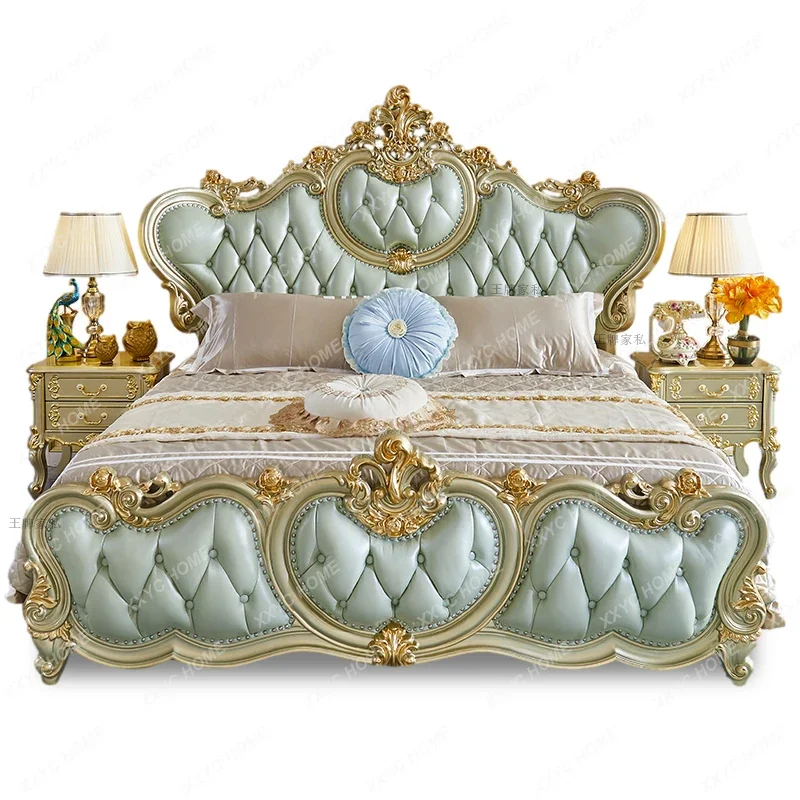 Luxuriöses Leder-Doppelbett im europäischen Stil, 1,8 m, großes Apartment, Villa, Hauptschlafzimmer, Vollmassivholzbett, 1,5 m, goldene Möbel
