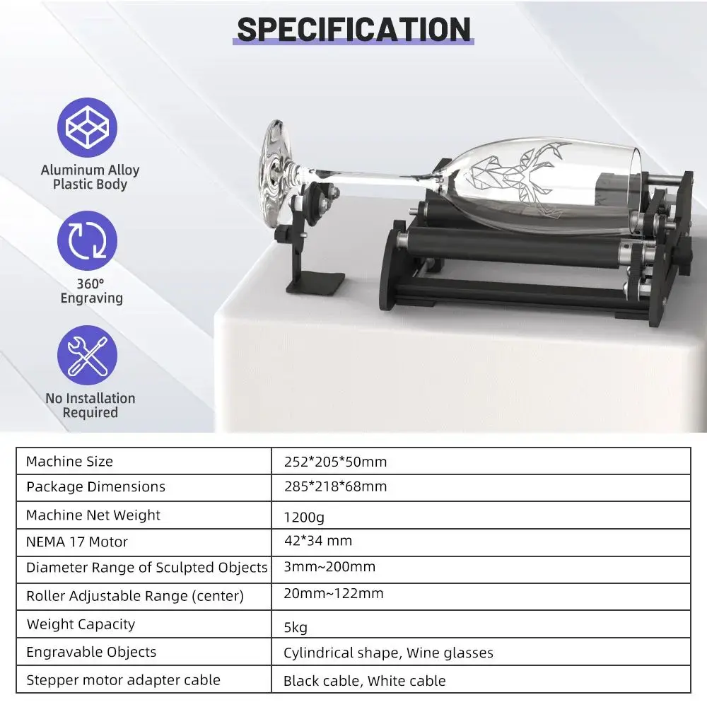 Máquina de grabado láser con eje Y CNC, módulo grabador giratorio de 360 °, mesa de rodillo giratorio, objeto cilíndrico, copa de vino, bricolaje