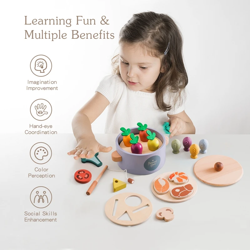 Montessori Toy Wooden Pluck Carrots Shape Paired Multifunctional Pot Toy Children Puzzle Play House Fishing Stir Frying Toy Gift