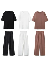 TRAF 2024 Women's Solid Basic T Shirts Loose Casual Set Fashionable Stretch High Waist Female Pants 2-piece Spring Suits