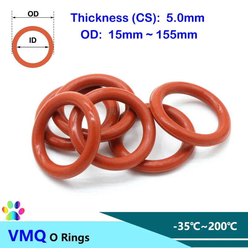 10pcs Red Silicone VMQ O Ring Seal Gasket CS 5.0mm OD 15 ~ 155mm Rubber Insulated Waterproof Silicon Nontoxic Seal Gaskets