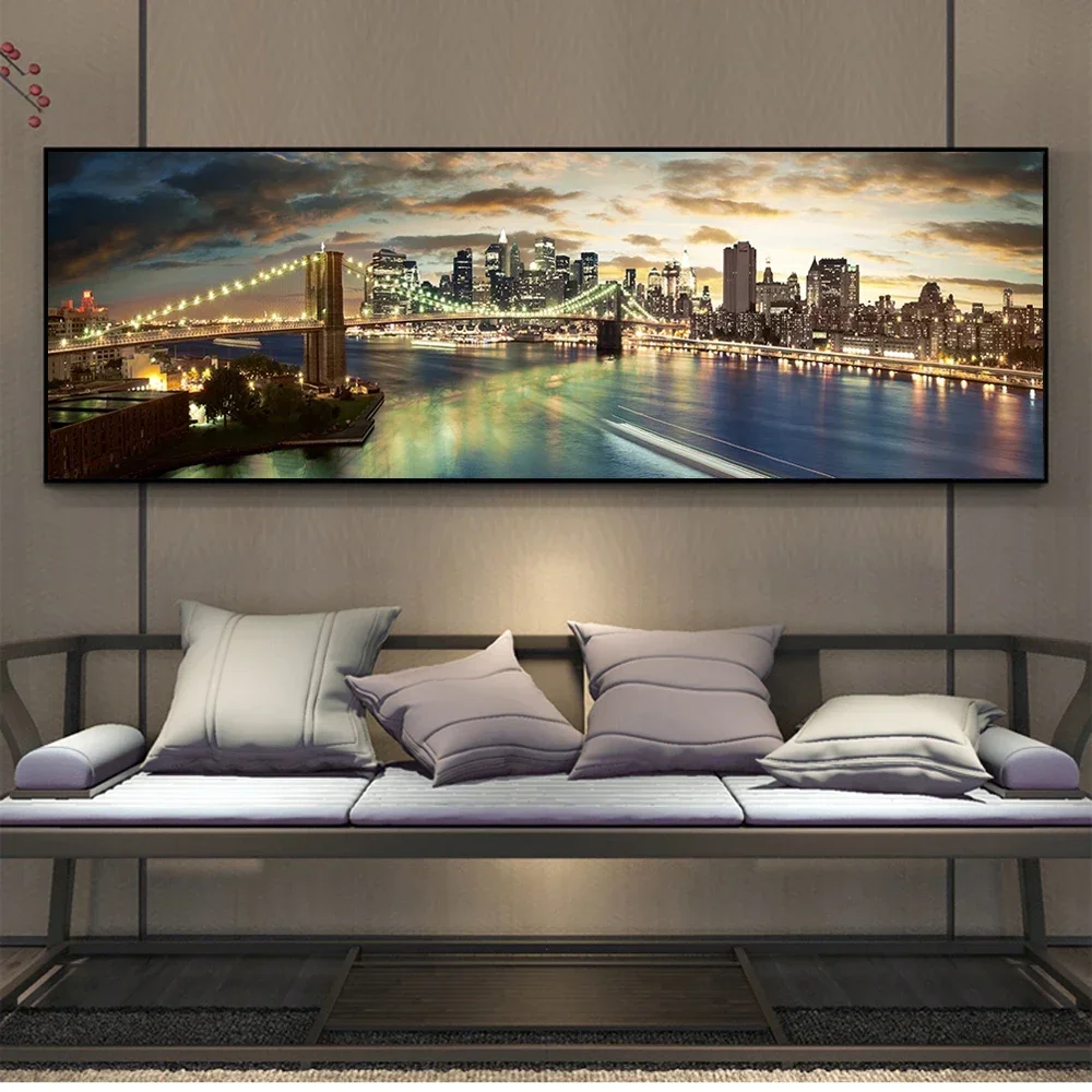 Scandinavian Simple Wall Art Brooklyn Bridge Night View HD Canvas Oil Painting Poster Print Home Bedroom Living Room Decoration