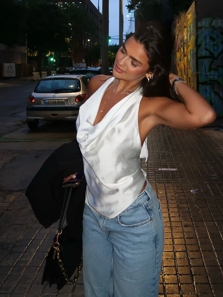 HH New Fashion Top da donna Solido senza maniche Backless Bow Lace-Up Decorazione Donna Estate Sexy Slim Top corto 2 colori