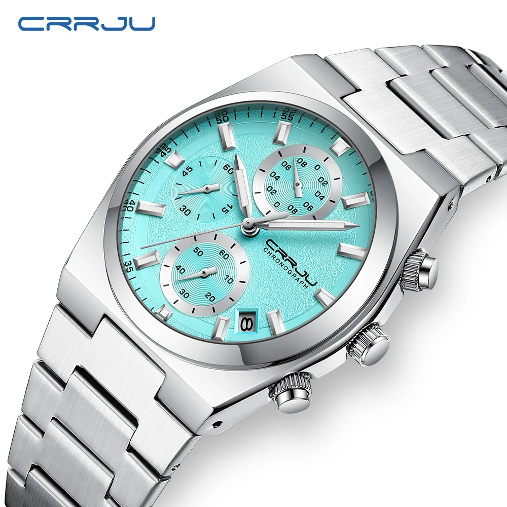 CRRJU Casual Versatility Men's Square Stainless Steel Chronograph Watch with Date Vintage-Inspired Design Quartz Wristwatch