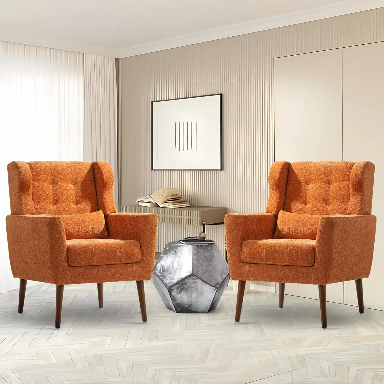 

Accent Chairs Set of 2 for Living Room Chenille Upholstered Mordern Armchair Comfy Soft Padded Lounge Orange