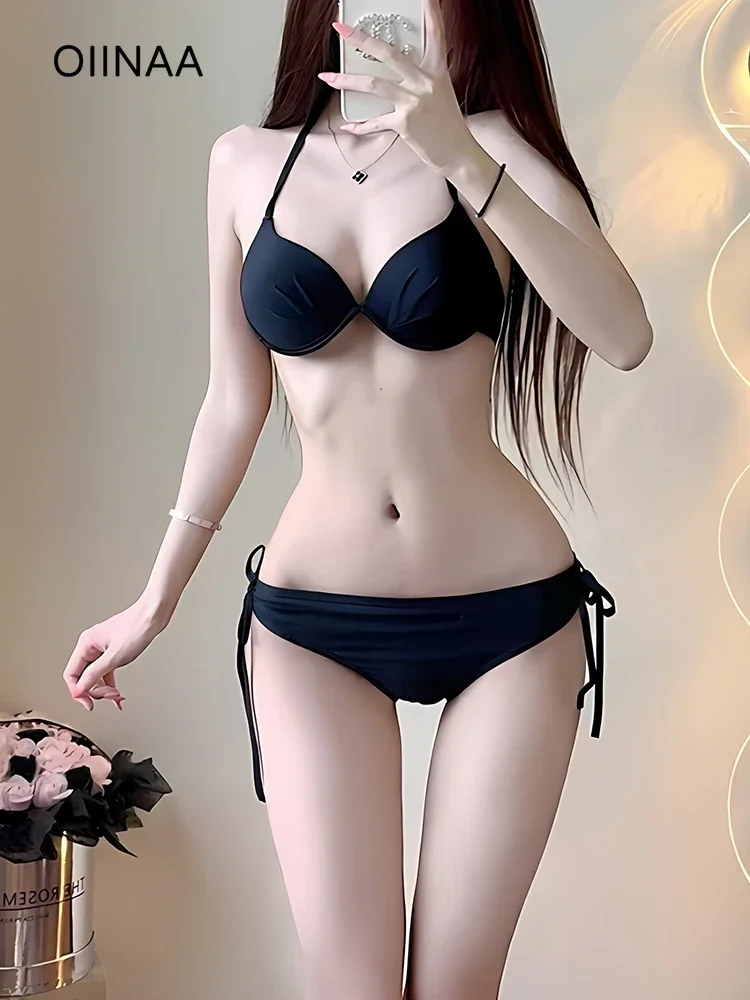 

OIINAA Bathing Suit Women Two-piece Neck-mounted Bikini Set Lace Up Black Thongs Summer 2025 Fashion Holiday Hot Spring Swimwear